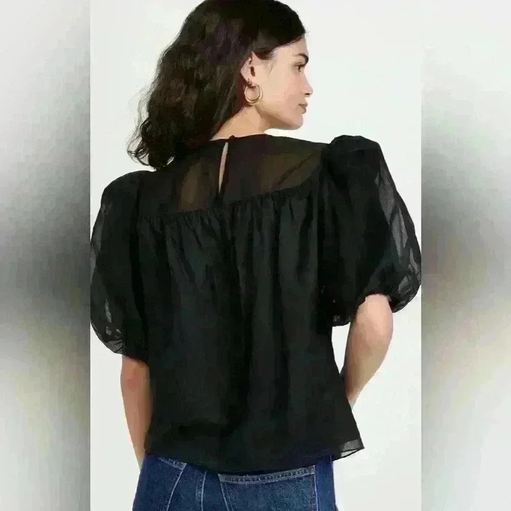 FRAME
Silk Puff Sleeve Sheer Inset Top - Picture 2 of 4
